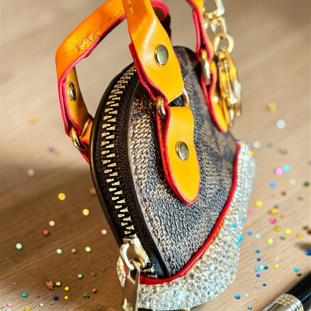 Designer Inspired Mini Top-Handle‎ Keychain Bag Charm in Brown and Yellow